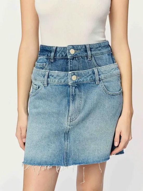 Warp + Weft Dresses & Skirts - Warp + Weft Two-Tone Light Blue Denim Mini Skirt